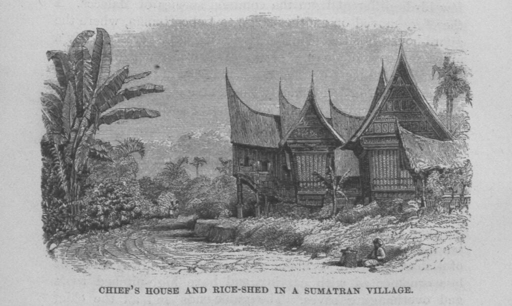 Chief's house and rice-shed in a Sumatran village
