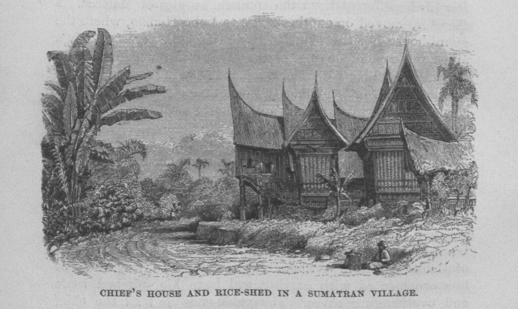 Chief's house and rice-shed in a Sumatran village
