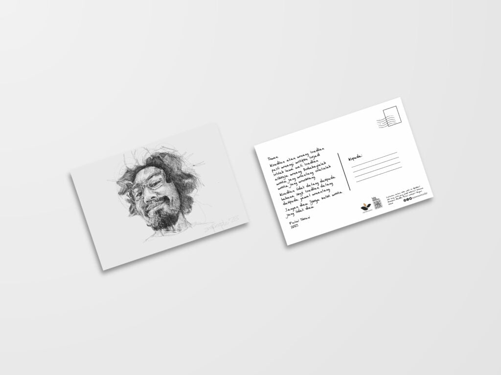 Poskad yang memuatkan baik-bait Faisal Tehrani serta lakaran potret oleh Ezzwan Mardzi Poskad yang memuatkan baik-bait Faisal Tehrani serta lakaran potret oleh Ezzwan Mardzi